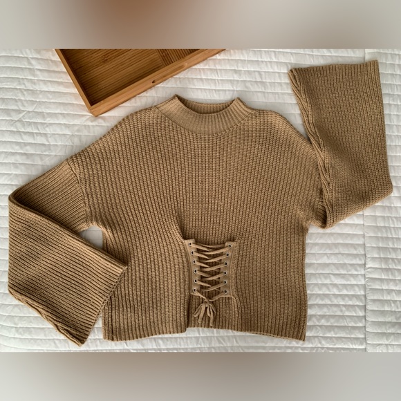 Rue 21 Sweater Crop Mockneck Criss Cross Wide Bell Sleeve Tan Camel Women’s S - Picture 1 of 11